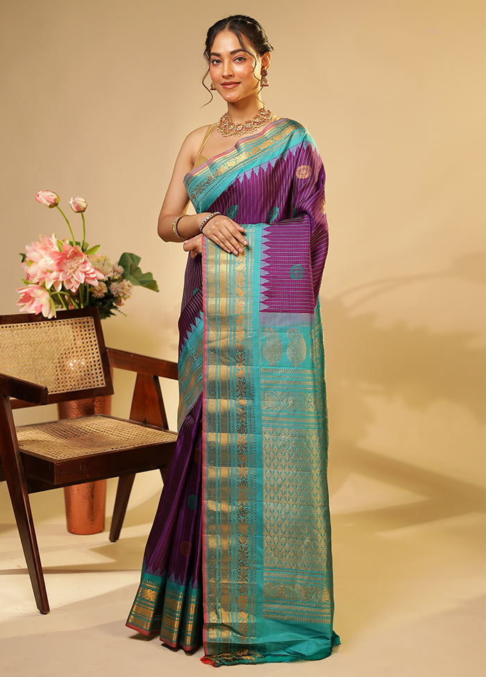 Blue Gadwal Pure Silk Saree Without Blouse Piece