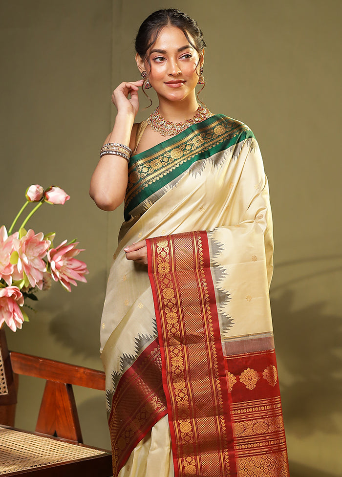 Cream Gadwal Pure Silk Saree Without Blouse Piece