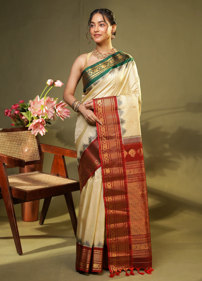 Cream Gadwal Pure Silk Saree Without Blouse Piece