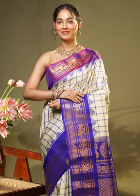 Cream Gadwal Pure Silk Saree Without Blouse Piece