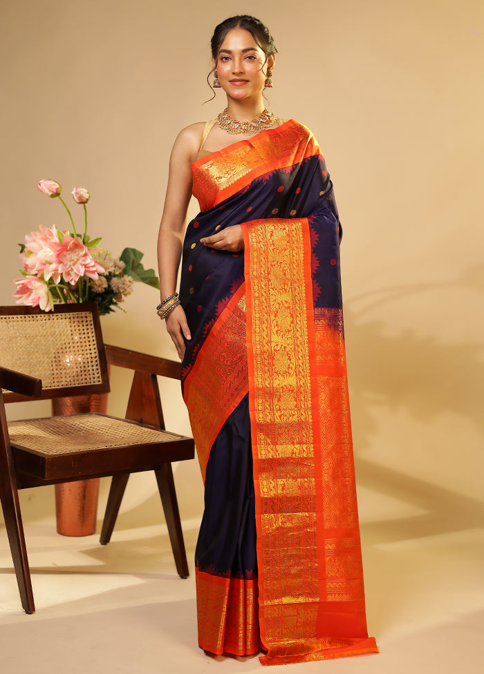 Blue Gadwal Pure Silk Saree Without Blouse Piece