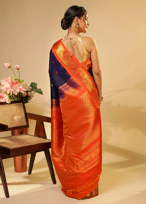 Blue Gadwal Pure Silk Saree Without Blouse Piece