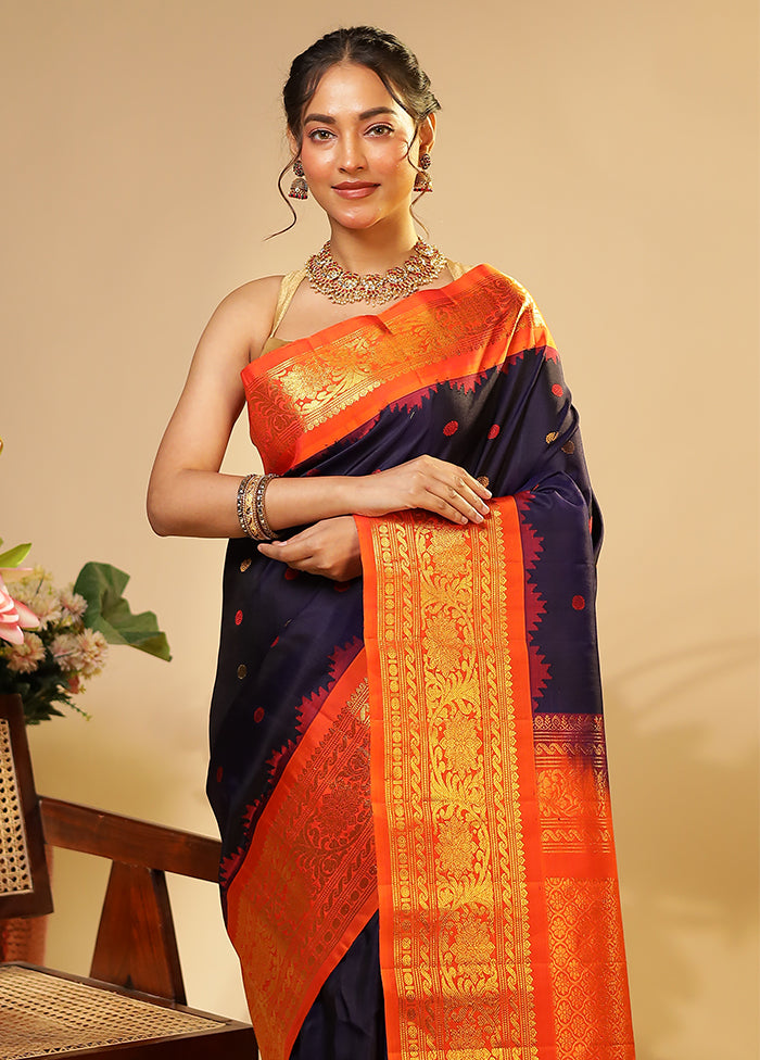 Blue Gadwal Pure Silk Saree Without Blouse Piece