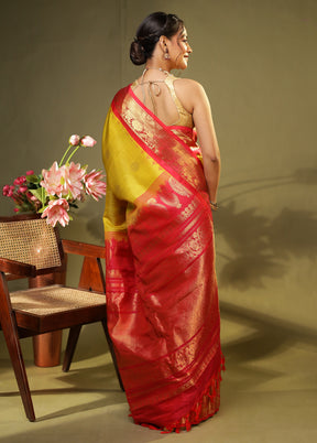 Yellow Gadwal Pure Silk Saree Without Blouse Piece