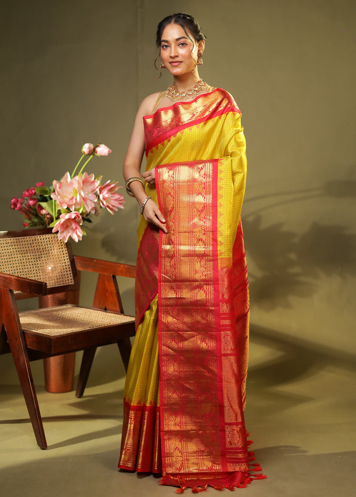 Yellow Gadwal Pure Silk Saree Without Blouse Piece