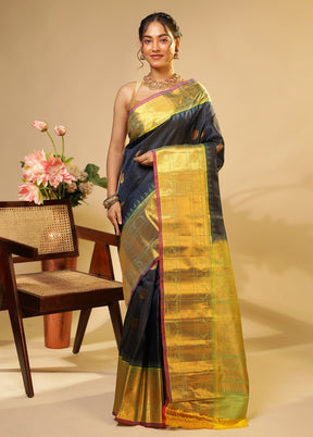 Blue Gadwal Pure Silk Saree Without Blouse Piece