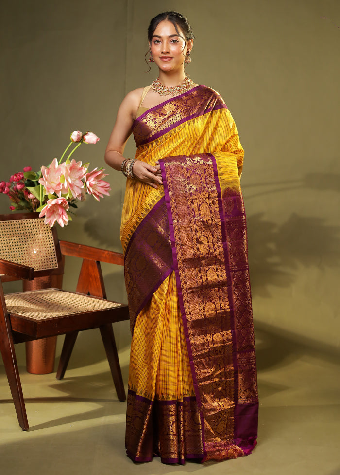 Yellow Gadwal Pure Silk Saree Without Blouse Piece