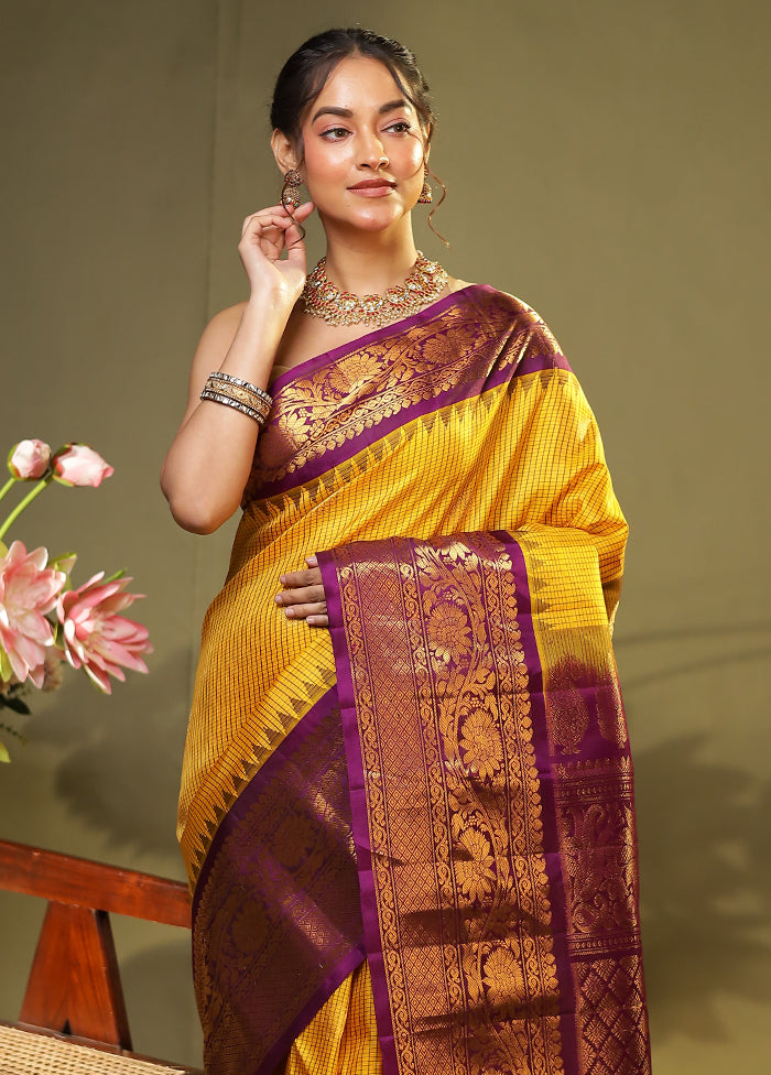 Yellow Gadwal Pure Silk Saree Without Blouse Piece