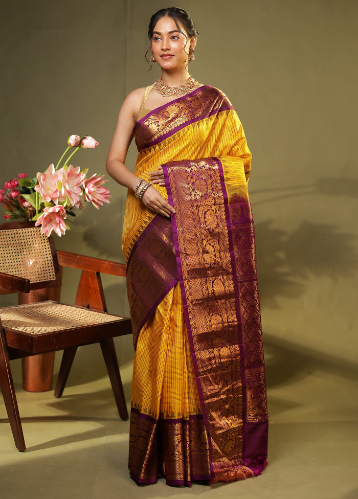 Yellow Gadwal Pure Silk Saree Without Blouse Piece