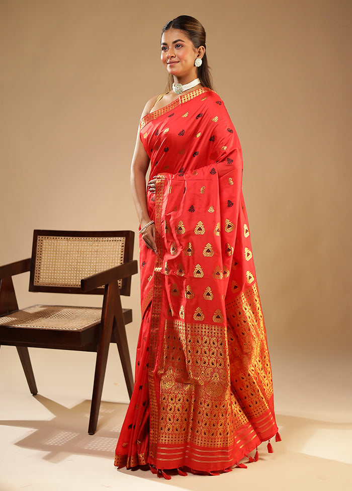 Red Assam Silk Saree With Blouse Piece