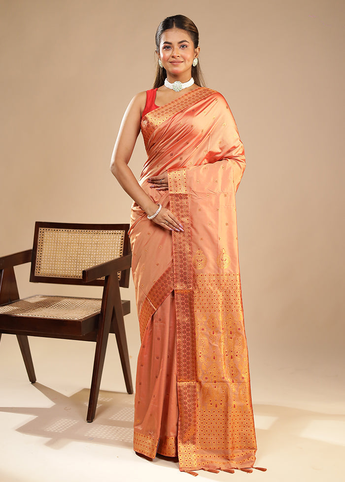 Peach Assam Silk Saree With Blouse Piece