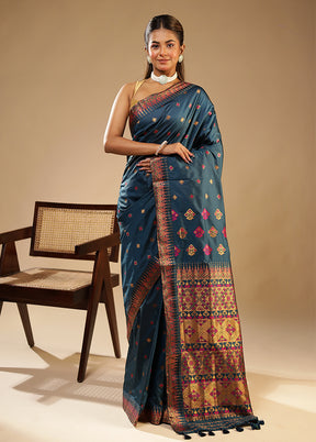Blue Assam Silk Saree With Blouse Piece