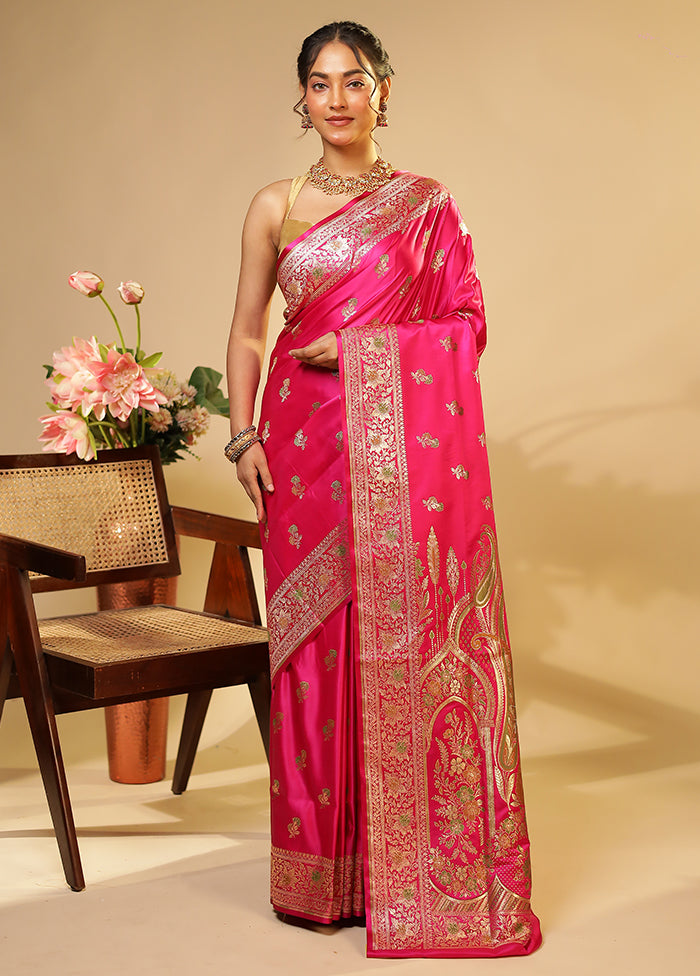 Pink Handloom Banarasi Pure Silk Saree With Blouse Piece