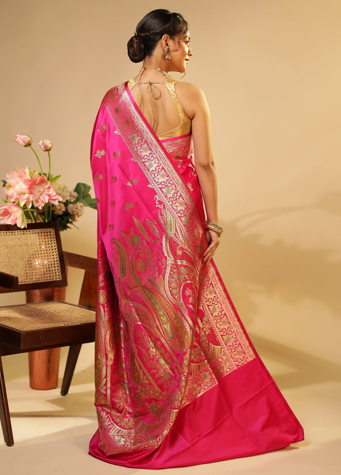 Pink Handloom Banarasi Pure Silk Saree With Blouse Piece