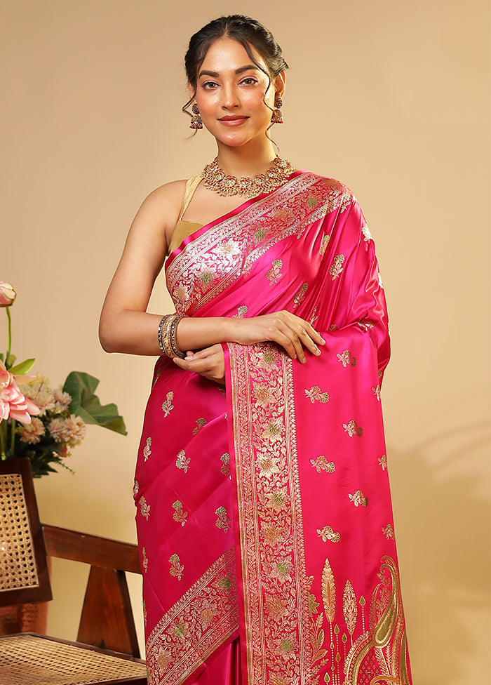 Pink Handloom Banarasi Pure Silk Saree With Blouse Piece