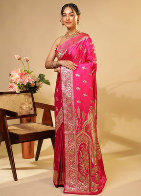 Pink Handloom Banarasi Pure Silk Saree With Blouse Piece