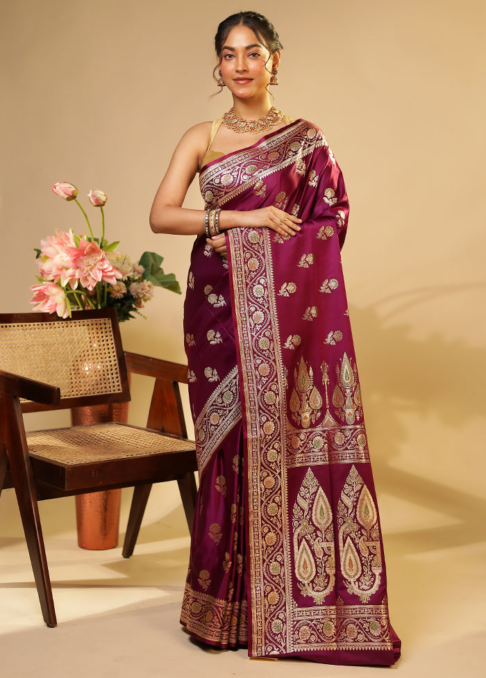 Purple Handloom Banarasi Pure Silk Saree With Blouse Piece