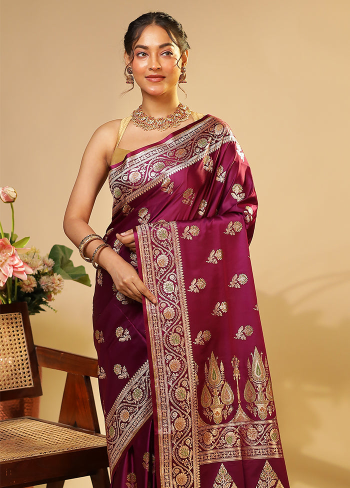 Purple Handloom Banarasi Pure Silk Saree With Blouse Piece
