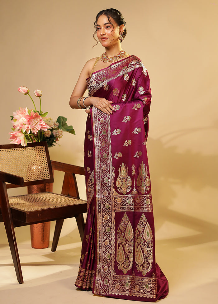 Purple Handloom Banarasi Pure Silk Saree With Blouse Piece