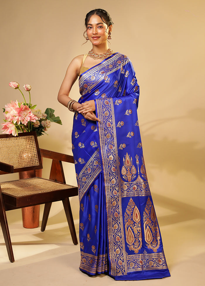 Blue Handloom Banarasi Pure Silk Saree With Blouse Piece