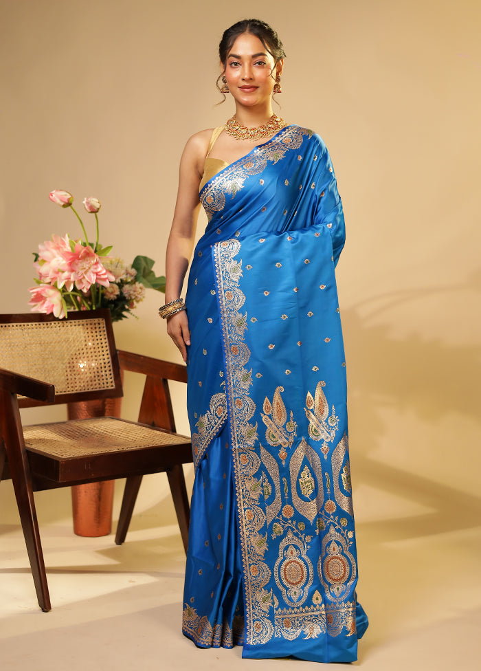 Blue Handloom Banarasi Pure Silk Saree With Blouse Piece
