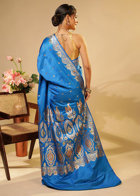 Blue Handloom Banarasi Pure Silk Saree With Blouse Piece