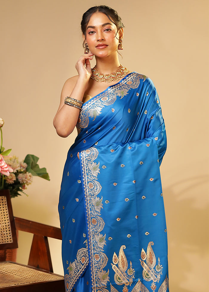 Blue Handloom Banarasi Pure Silk Saree With Blouse Piece