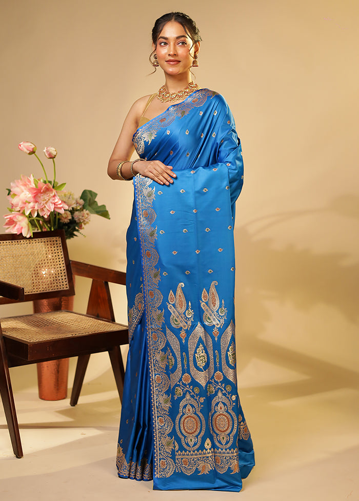 Blue Handloom Banarasi Pure Silk Saree With Blouse Piece