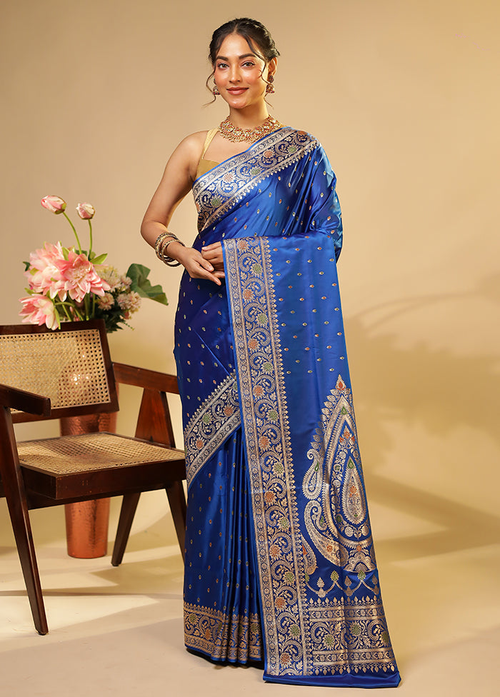 Blue Handloom Banarasi Pure Silk Saree With Blouse Piece