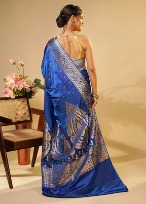 Blue Handloom Banarasi Pure Silk Saree With Blouse Piece