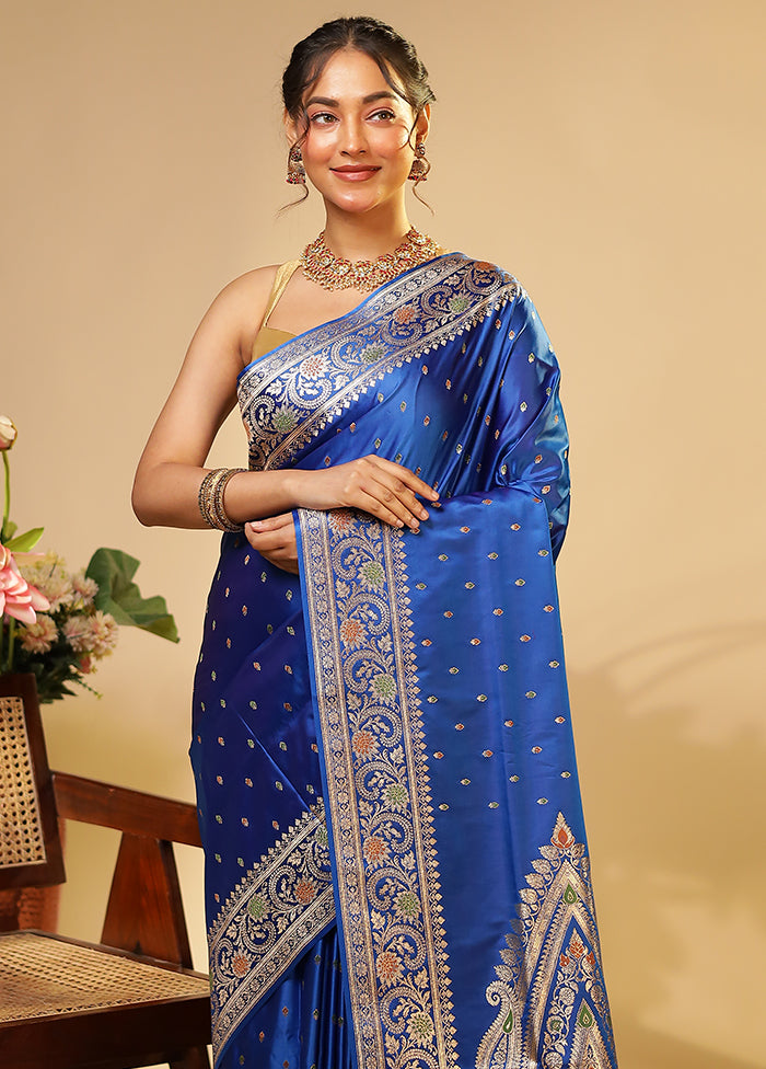 Blue Handloom Banarasi Pure Silk Saree With Blouse Piece