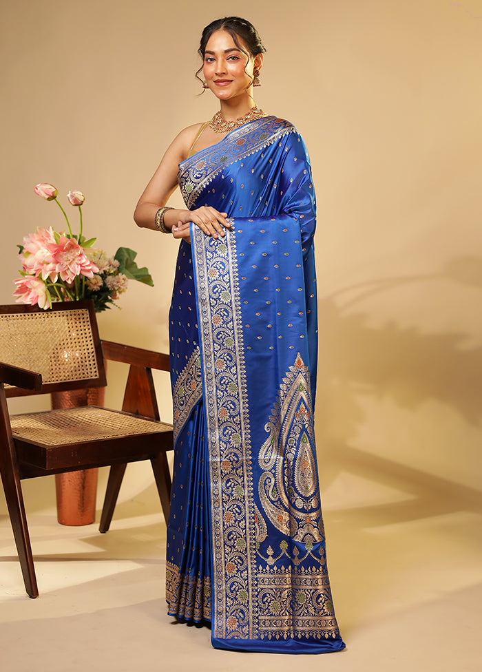 Blue Handloom Banarasi Pure Silk Saree With Blouse Piece