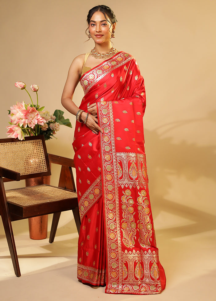 Red Handloom Banarasi Pure Silk Saree With Blouse Piece