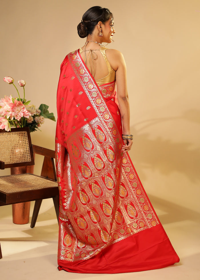 Red Handloom Banarasi Pure Silk Saree With Blouse Piece
