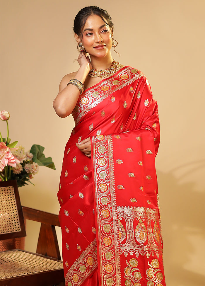 Red Handloom Banarasi Pure Silk Saree With Blouse Piece