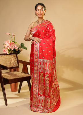 Red Handloom Banarasi Pure Silk Saree With Blouse Piece