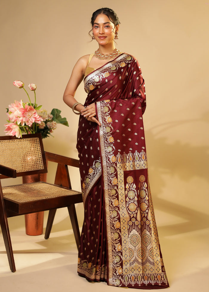 Maroon Handloom Banarasi Pure Silk Saree With Blouse Piece