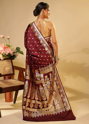 Maroon Handloom Banarasi Pure Silk Saree With Blouse Piece