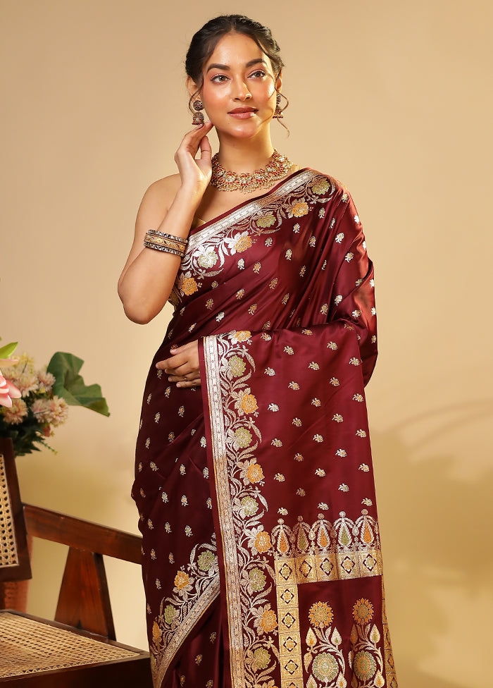Maroon Handloom Banarasi Pure Silk Saree With Blouse Piece