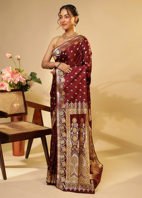 Maroon Handloom Banarasi Pure Silk Saree With Blouse Piece