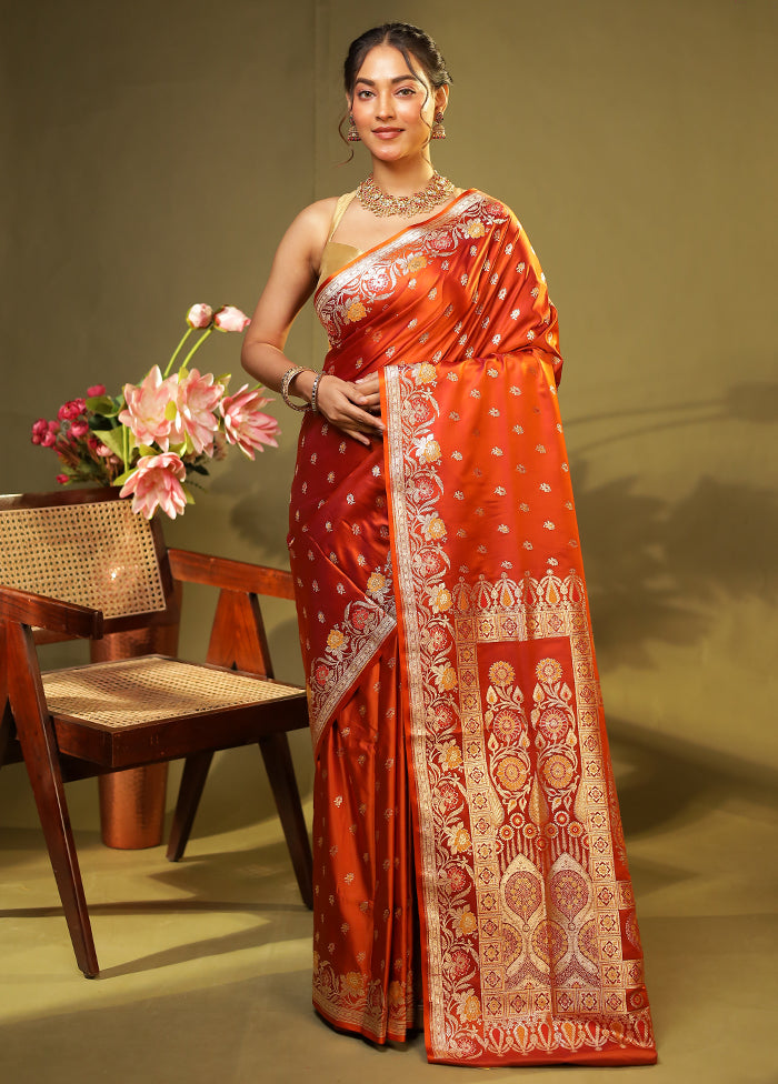 Orange Handloom Banarasi Pure Silk Saree With Blouse Piece