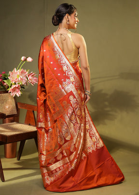 Orange Handloom Banarasi Pure Silk Saree With Blouse Piece