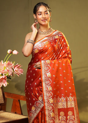 Orange Handloom Banarasi Pure Silk Saree With Blouse Piece