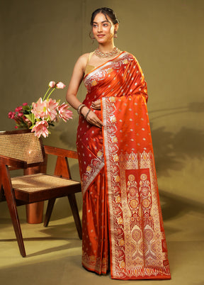 Orange Handloom Banarasi Pure Silk Saree With Blouse Piece