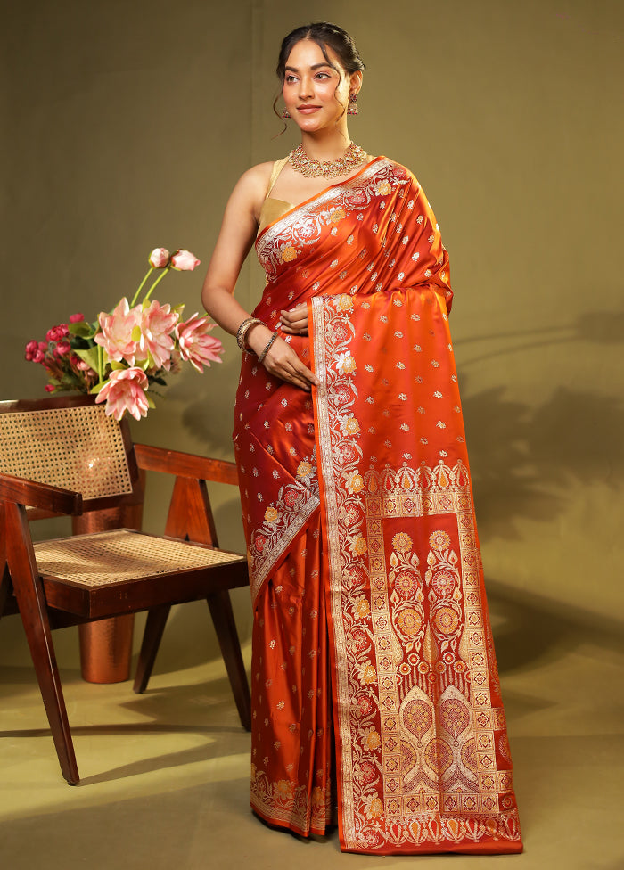 Orange Handloom Banarasi Pure Silk Saree With Blouse Piece