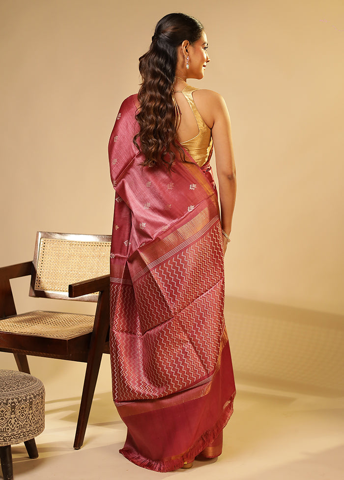 Purple Handloom Tussar Pure Silk Saree With Blouse Piece