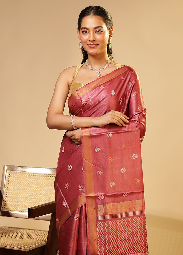 Purple Handloom Tussar Pure Silk Saree With Blouse Piece