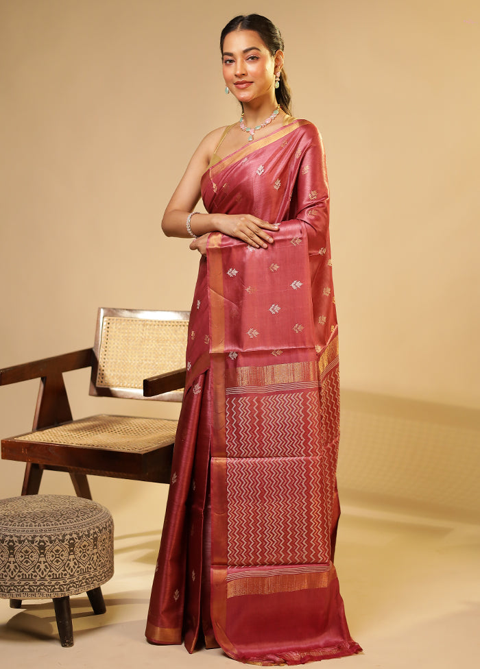 Purple Handloom Tussar Pure Silk Saree With Blouse Piece
