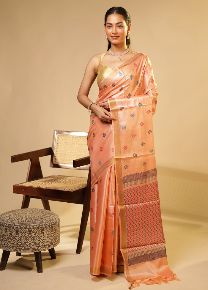 Peach Handloom Tussar Pure Silk Saree With Blouse Piece