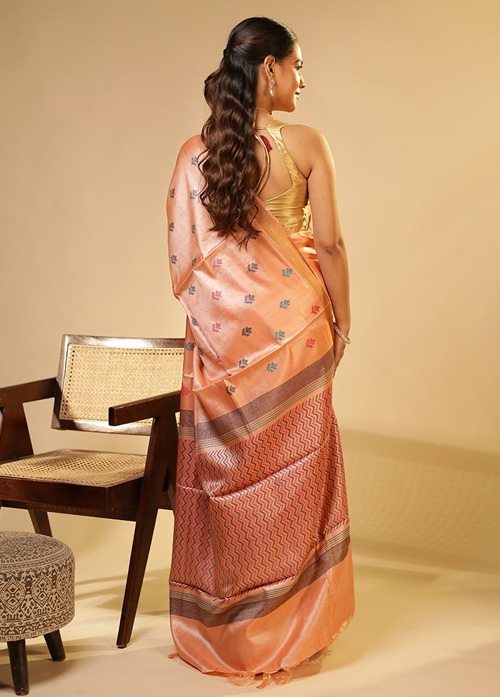 Peach Handloom Tussar Pure Silk Saree With Blouse Piece